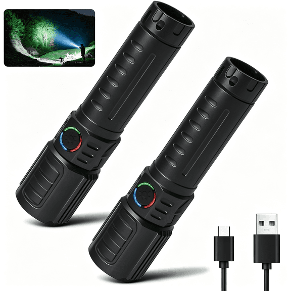 HIBIBUD Led Tactical Flashlight Rechargeable High Lumens 3 Modes 2 Pack|Waterproof Zoomable Design,Adjustable Brightness Torch,Compact Handheld Size for Emergency Outdoor Hurricane Warning Use