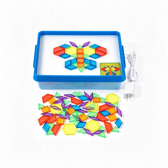 HIBIBUD Light Box with Pattern Blocks Set (Blue) | Educational Toys for Tracing, Sensory Play & Early Learning, Light Table for Kids Versatile Light Box for Tracing