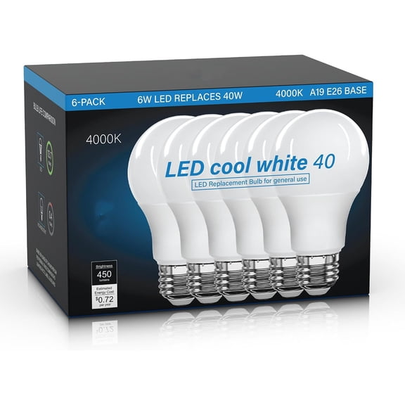 HIBIBUD Light Bulbs 4000K Cool White,40 Watt Equivalent 6W A19,450Lm Neutral White Light Bulbs,E26 Standard Base,Non-Dimmable Cool White Bulbs for Office Garage Kitchen,6-Pack