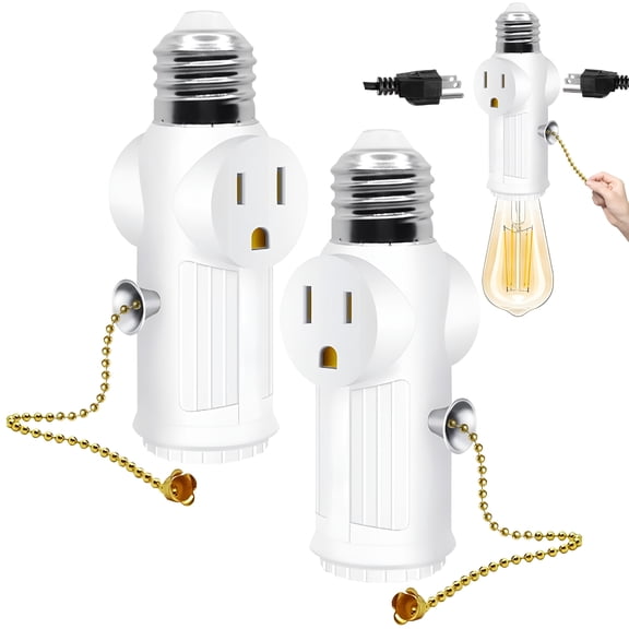 HIBIBUD Light Socket Outlet Adapter,E26 Light Bulb Socket-Converts Medium Screw Socket to 2 Outlets with Pull Chain Switch,Polarized Light Bulb Socket Splitter,White,2 Pack