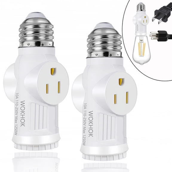 HIBIBUD Light Socket to Plug Adapter,Convert E26 Light Socket to 2/3 Prong Outlet Adapter and Light Bulb Socket,Light Bulb Plug Adapter for Garage Porch,2 Pack(White)