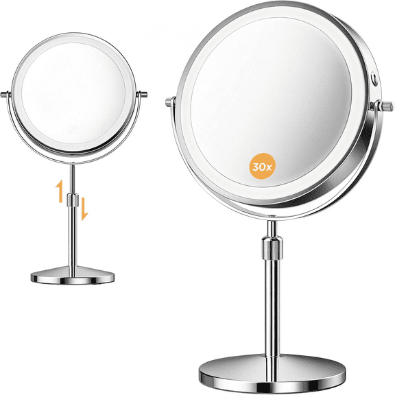 HIBIBUD Makeup Mirror, 1X/30X Magnification with 3 Level Led Lights, 5000 Mah Rechargeable Double Sided 9 Magnifying Mirror with 360 Rotation, Perfect for Precision Grooming and Makeup, Women Gift