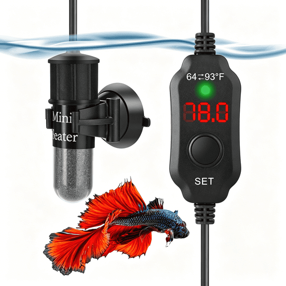 HIBIBUD Mini Aquarium Heater 10W Small Fish Tank Heater for 1-2 Gal Tanks,Digital Display Thermostat Betta Heater with Dry-Run&Overheat Protection,Memory Function