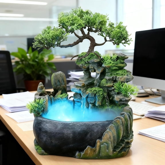 HIBIBUD Mini Artificial Bonsai Tree Waterfall Fog Feature Rock Tabletop Fountain | 11In Desktop Decor Waterfall Fountain W/ Water Pump& Atomizer&Led Lights &Fake Tree Office Bedroom Relax