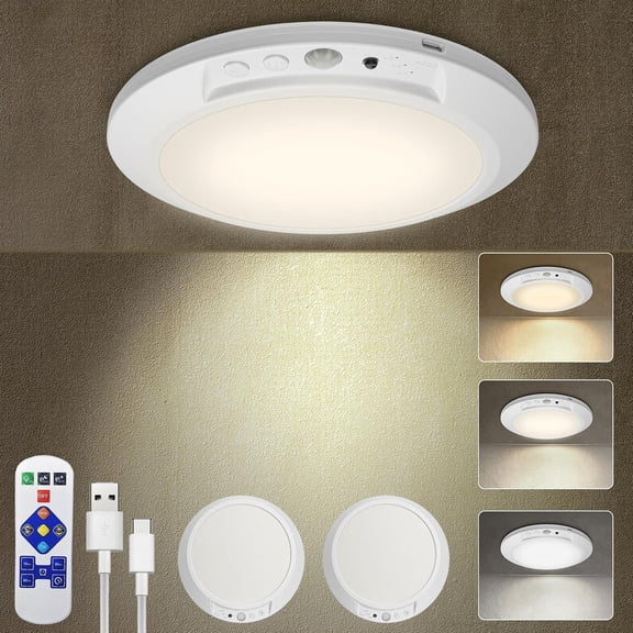 HIBIBUD Motion Sensor Ceiling Light Battery Operated with Remote,2Pcs Wireless Rechargeable Ceiling Lights Indoor,3Cct Dimmable Closet Night Light for Shower Stairs Shed Hallway Porch Rv and Tent