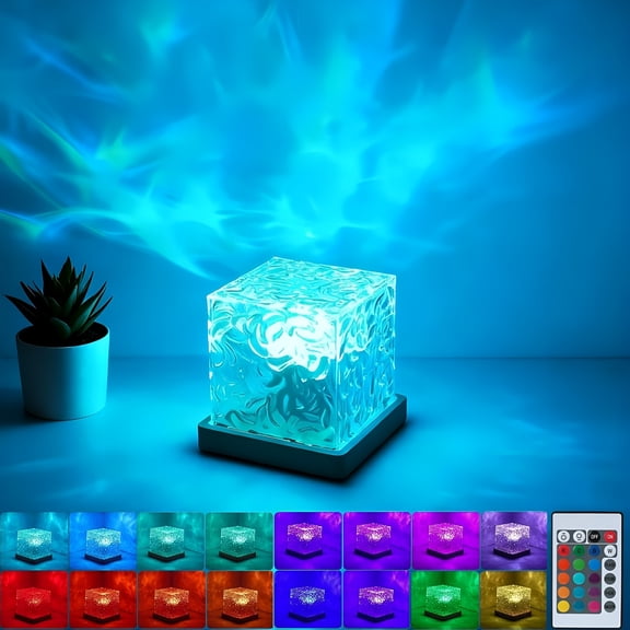 HIBIBUD Ocean Wave Projector Light,16-Color Changing Cube Lamp with 3D Rotating Dynamic Water Ripple Light,Northern Lights Projector Romantic Ambient Lighting for Bedroom Classroom