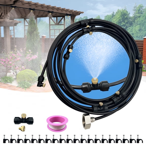 HIBIBUD Outdoor Misting Cooling System,26Ft (8M) Water Misting Kit for Porch,Canopy,Deck,Garden,Yard,Trampoline Sprinkler Accessories for Kids,Black