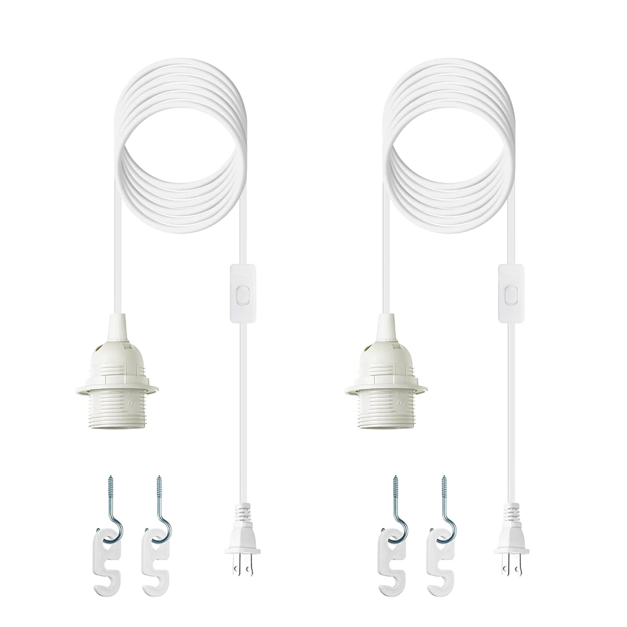 HIBIBUD Plug in Light Socket-16Ft Pendant Light Cord Kit E26/E27 Light Socket Hanging Lantern Lamp Cord with On/Off Switch,Socket Rings,2 Pack,White