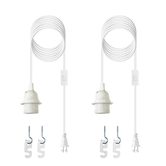 HIBIBUD Plug in Light Socket-16Ft Pendant Light Cord Kit E26/E27 Light Socket Hanging Lantern Lamp Cord with On/Off Switch,Socket Rings,2 Pack,White