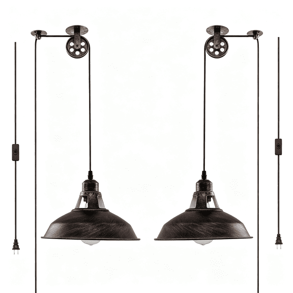 HIBIBUD Plugin Pendant Light Industrial Pulley Pendant Lamp E26 Vintage Hanging Light Fixture with 16.4Ft Cord On/Off Switch for Pool Table,Houseplant Grow Lights,Kitchen Island,Sink 2Pc Aged Bronze