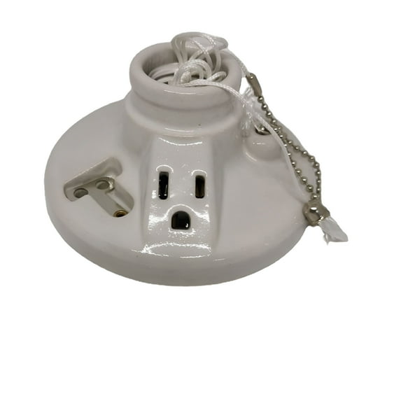 HIBIBUD Porcelain Light Socket with Outlet and Pull Chain Light Fixture,Light Bulb Socket,Medium Base,Grounded Plug,Indoor Lighting,Mount on 3-1/4” or 4” Box,UL Listed,White