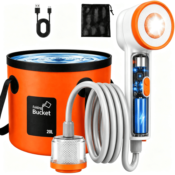 HIBIBUD Portable Shower for Camping Tent Kit with Led Lights | 6.6 Gallons Foldable Bucket, 6000Mah Shower Pump, 6 7" Shower Head, 1500W Immersion Heater, Outdoor Camping Shower for Hiking, Beach