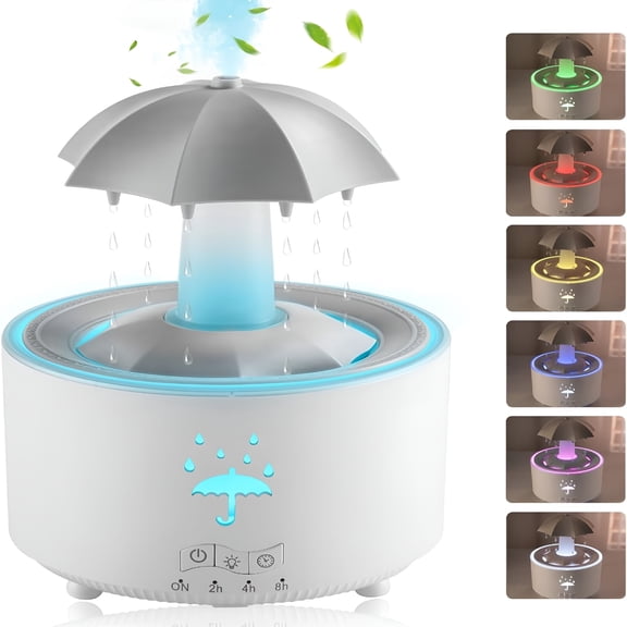 HIBIBUD Rain Umbrella Humidifier&Aroma Diffuser with Soothing Rain Sounds,Water Drip Effect,7 Colors Mood Light,Timer and Auto-Off,Ideal for Relaxation,Sleep,Home,Bedroom,Desk