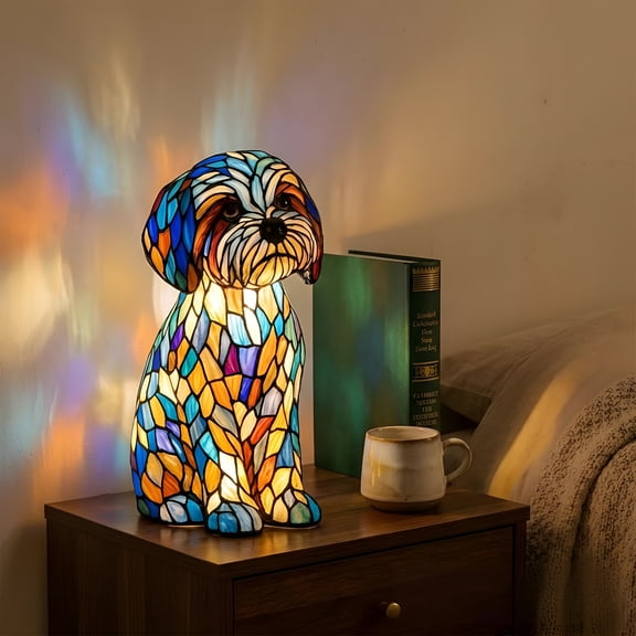 HIBIBUD Rainbow Puppy Lamp Stained Glass Dog Night Light 3D Retro Stained Resin Rainbow Pup Lights Charge Powered Table Lamp Puppy Glow Lamps for Home Bedroom Desk