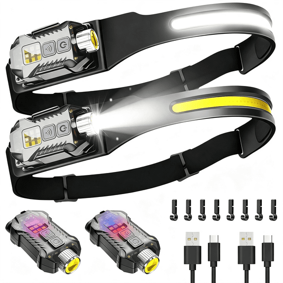 HIBIBUD Rechargeable Headlamp 2Pack,Detachable 230 Wide Beam Led 2In1 Head Lamp with Motion Sensor,Hard Hat Head Light for Adults,9 Modes Flashlight for Running Hunting Camping Essentials Gear