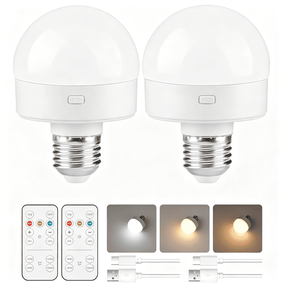 HIBIBUD Rechargeable Light Bulbs with Remote Control 2 Packs,Battery Operated Light Bulbs with Timer & 3 Color Temperature,Detachable Wireless Led Bulb for Lamp,E26 Base,Non-Hardwired