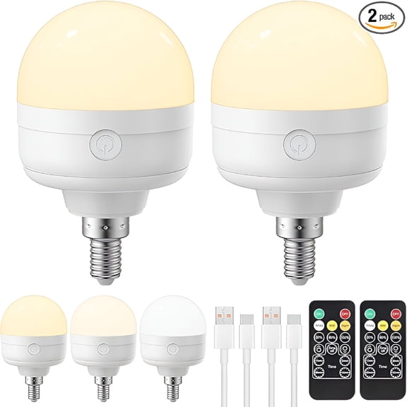 HIBIBUD Rechargeable Light Bulbs with Remote Control Timer and 3 Color Temperature Options,Rechargeable Wall Sconce Puck Lights Battery Operated with Remote (E12,2)