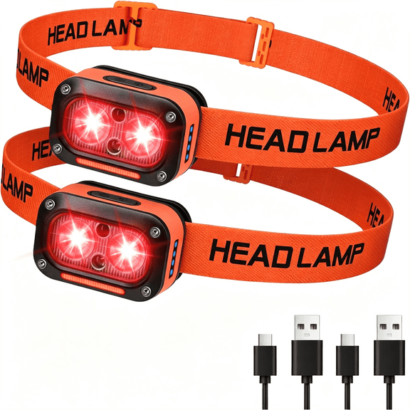 HIBIBUD Red Led Headlamp Dual Light High Lumens Usb Rechargeable Redlight Headlight for Hardhat with Motion Sensor,Up/Down Adjustable,Waterproof Head Lamps for Camping,Fishing,Hunting,2 Pack