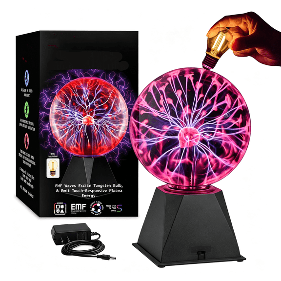 HIBIBUD Red Plasma Ball - 7 Inch - Coil Bulb Static Electricity in a Vacuum Pressurized Glass Globe, Nebula Thunder Lightning, Plug-In - for Parties, Decorations, Prop, Stem