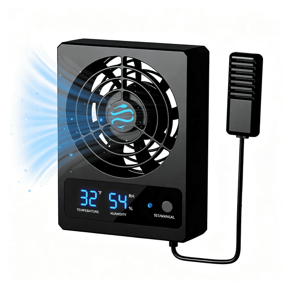 HIBIBUD Reptile Ventilation Fan with Humidity Control & High Temp Alarm, Smart Hygrometer for Bearded Dragon, Leopard Gecko, Snake Tank - Quiet Fan with Dual Led Display for Reptile Enclosure