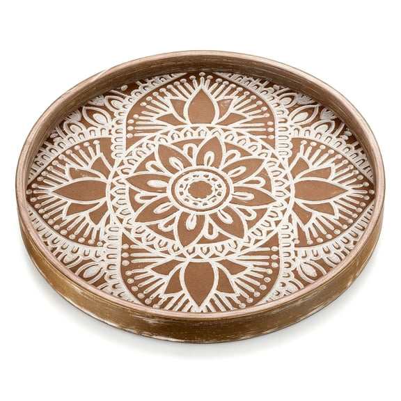 HIBIBUD Round Decorative Tray for Table: Boho Coffee Table Trays for Home Decor-Mid Century Farmhouse Circle Wood Serving Rustic Bohemian for Kitchen Counter
