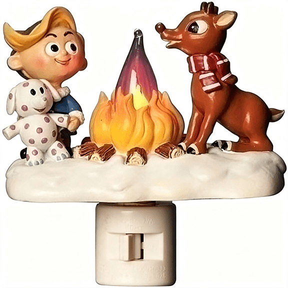 HIBIBUD Rudolph and Elf Friend 4.5 Inch Polyresin Swivel Plug Flickering Night Light Swivel Plug Flickering Christmas Decorations