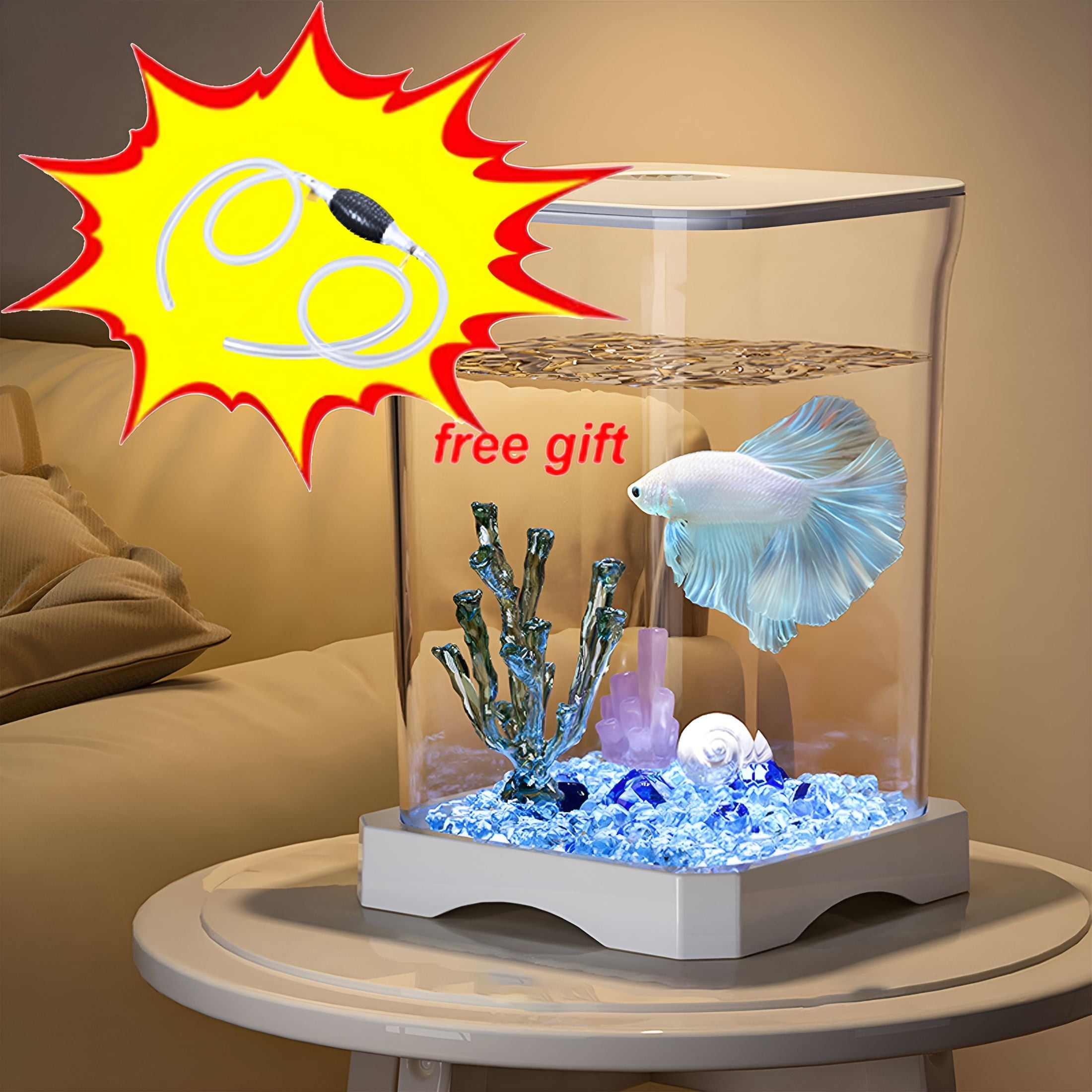 HIBIBUD Self Cleaning Fish Tank, 7in Small Fish Tank, Beginner Fish Tank with LED Light Decorations \u0026 Whisper Filters Water Pump, Fish Aquarium for Desktop Room Decor (White)