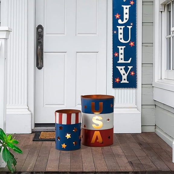 HIBIBUD Set of 2 American Metal Decorative Lanterns for Americana Decorations Usa Flag Patriotic Table Decor Standing Or Hanging Red White and Blue Bucket Lantern Farmhouse 4Th of July Memorial Day