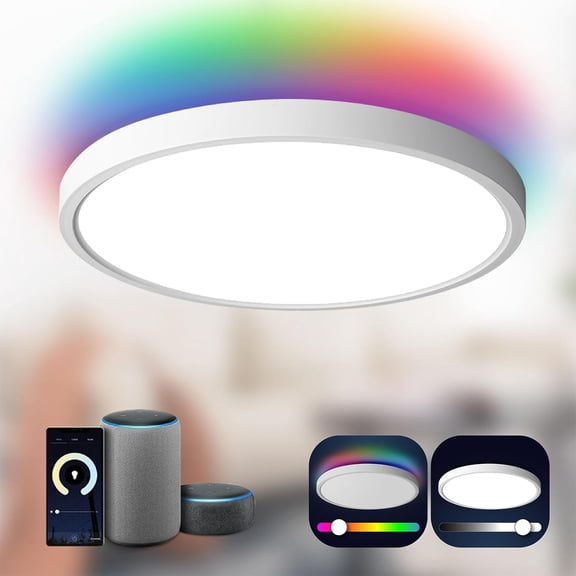 HIBIBUD Smart Ceiling Light Flush Mount Led Wifi,Compatible with Google Home,Dimmable Low Profile Ambient Light Fixture for Bedroom Living Room Hallway Kitchen Nursery,12 Inch,Rgb