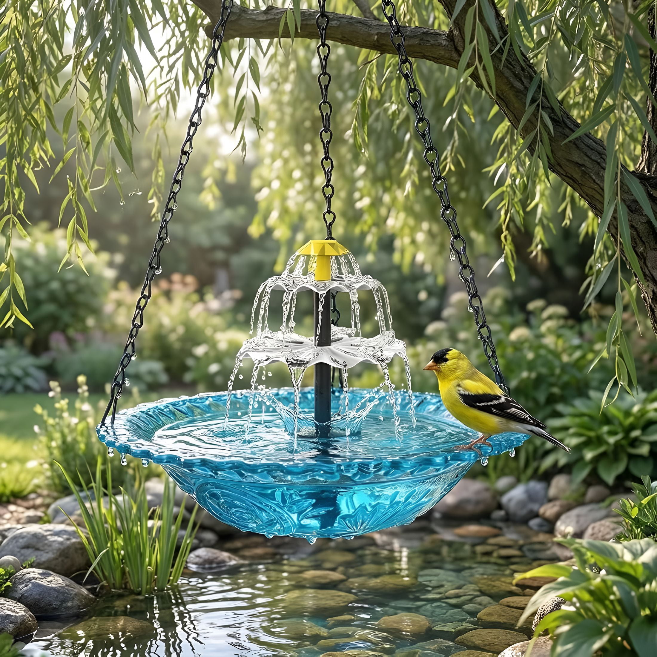 HIBIBUD Solar Cascade Hanging Bird Bath Fountain with Solar Pump & Glass Bowl for Outdoor Garden Decor