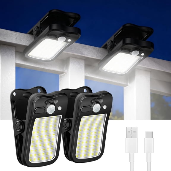 HIBIBUD Solar Clip-On Light with Motion Sensor, 2-Pack | Solar/Usb Charging, 60 Leds 500 Lumens, 3 Modes, Waterproof, Tool-Free Clip Fits Fence, Rail, Deck, Camping