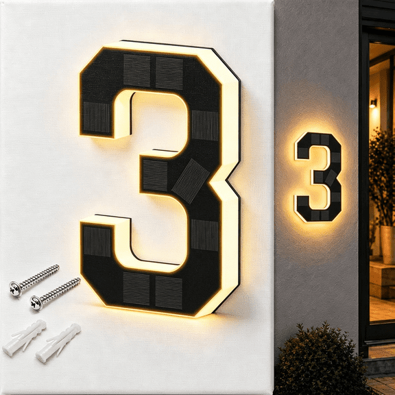 HIBIBUD Solar House Numbers for Outside,Led Illuminated Address Sign,Dusk to Dawn Auto On/Off,Ip65 Waterproof Lighted House Numbers,No-Drill Adhesive Or Screw Mount for House(3,6.7")