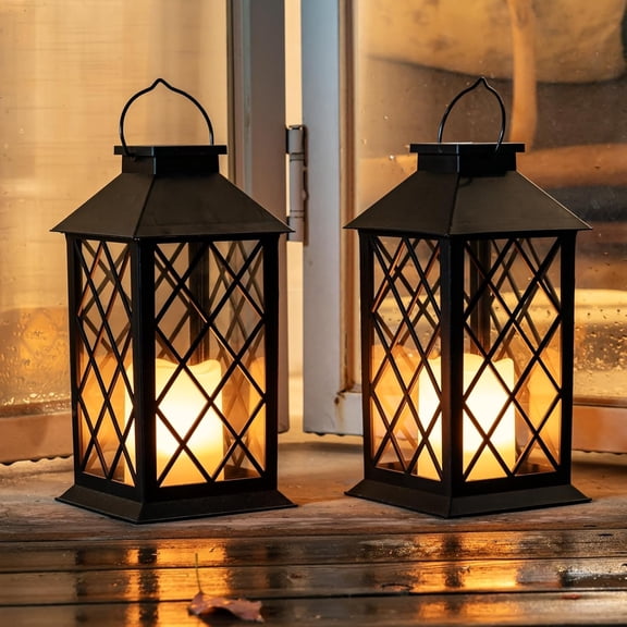 HIBIBUD Solar Lanterns Outdoor Waterproof Hanging with Flickering Flameless Candles,2 Pack 13 Garden Outdoor Lantern Decorative for Patio Front Porch Backyard Balcony Cabin Outside Table(Black)
