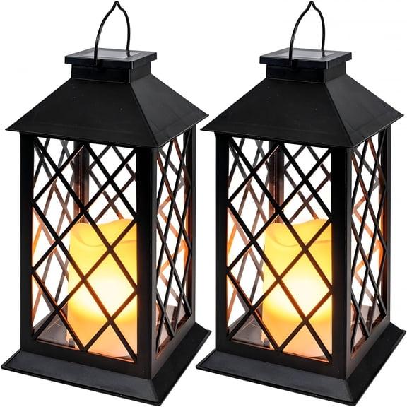 HIBIBUD Solar Lanterns Outdoor Waterproof Hanging with Flickering Flameless Candles, 2 Pack Garden Outdoor Lantern Decorative for Patio Front Porch Backyard Balcony Cabin Outside (Black)