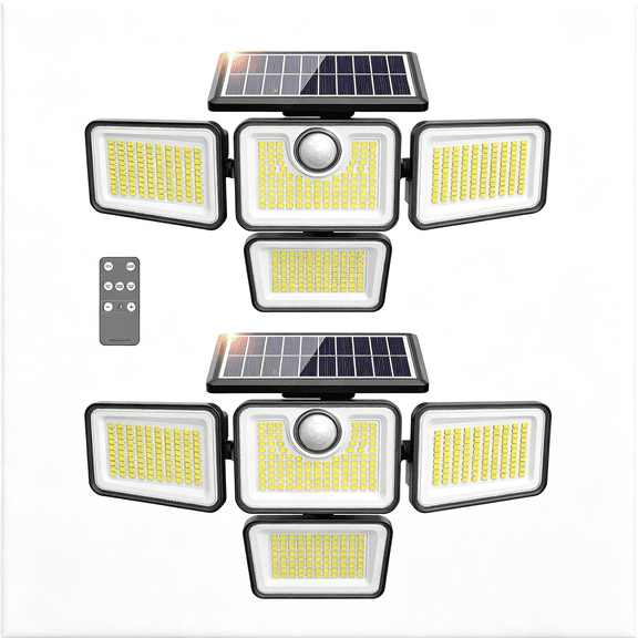 HIBIBUD Solar Lights Outdoor 4 Adjustable Heads Motion Lights 3 Modes 6500K Ip65 Waterproof Solar Security Wall Lights Remote Control Flood Lights Garden Outside Backyard 2 Pack