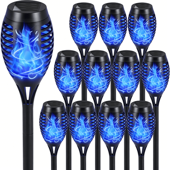 HIBIBUD Solar Torch Flame Lights,12 Pack Blue Solar Torch Light W/Flickering Flame,12 Led Solar Tiki Torches for Outside Waterproof Landscape Outdoor Lights Garden Yard Patio Lawn Xmas Decorations