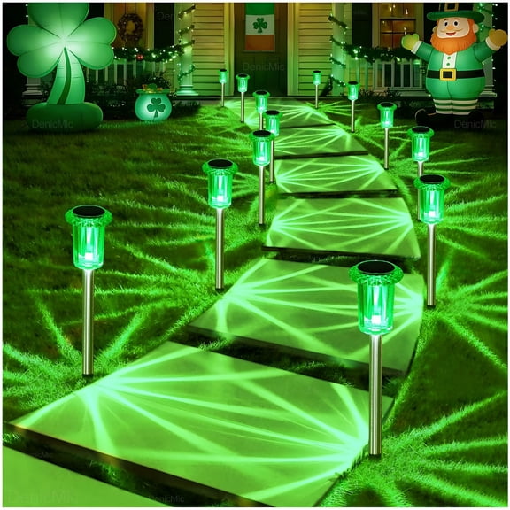 HIBIBUD St Patricks Day Decorations Solar Lights Outdoor 10 Pack Waterproof Green Led Stainless Steel Stake Outside Lights for Yard Pathway Garden Driveway Walkway Landscape Path Lighting