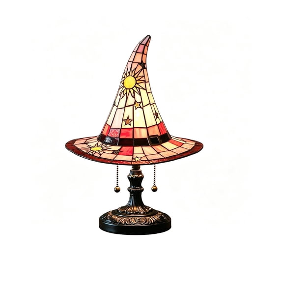 HIBIBUD Stained Glass Witch Hat Lamp, 7" Halloween Gothic Mystic Room Decor Handcrafted Ceramic Phantom Figurine, Usb Rechargeable Led Glowing Lantern for Bedroom Living Room Mantel Home Decor