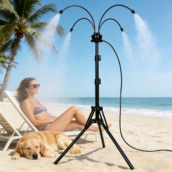 HIBIBUD Standing Misters for Outside Patio Cooling,5.3 Ft Adjustable Stand Misting System,4 Brass Nozzles + 4 Extra Heads,Thickened Base Portable Water Mister for Garden,Deck,Poolside