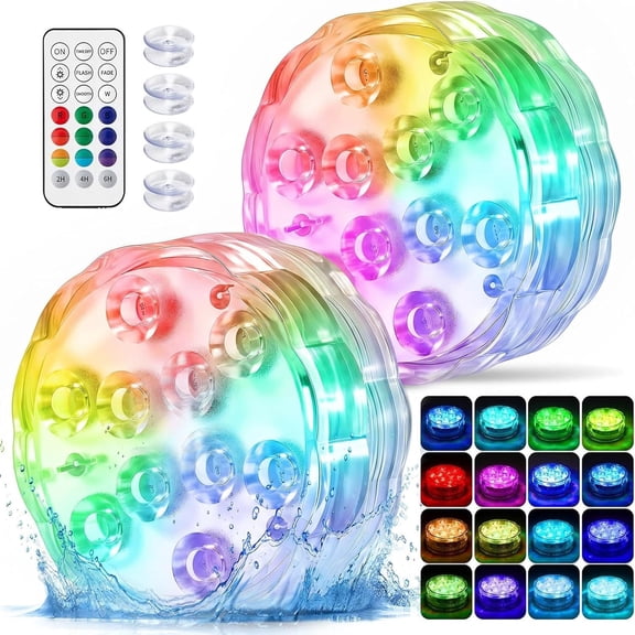 HIBIBUD Submersible Led Lights,Ip68 Waterproof Floating Pool Hot Tub Lights with Remote Control,16 Rgb Colors,Timer,Suction Cups,Battery Powered Underwater Lights for Spa,Pond,Vase Decor