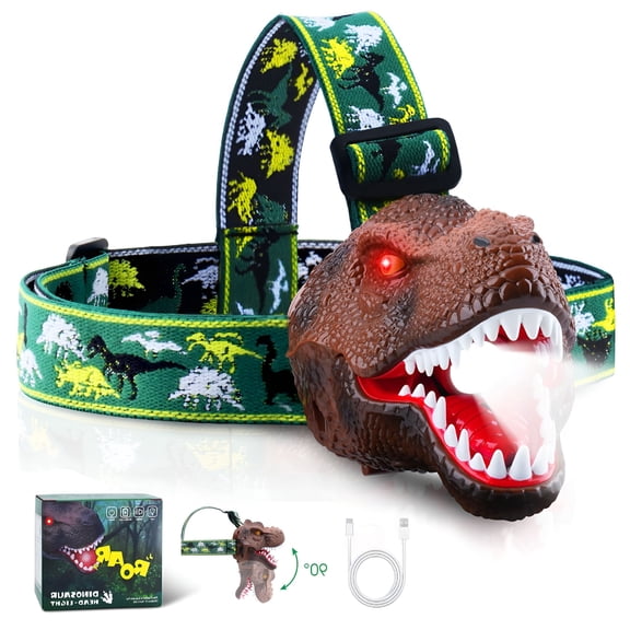 HIBIBUD Upgraded Rechargeable Dinosaur Headlamp for Kids, LED Flashlight with Roar Mode, Camping Gear for Outdoor Adventures