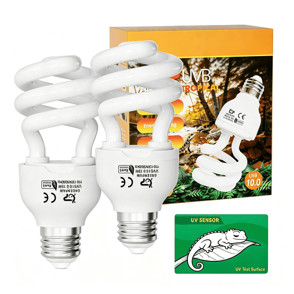 HIBIBUD Uvb Reptile Light Bulb 10.0: Bearded Dragon 15W Reptile Uvb Light 2 Pack,Uva Uvb Light for Reptiles Terrarium Compact Fluorescent Lamp,Desert Uvb Bulb for Tortoise,Lizard-With Uv Sensor Card