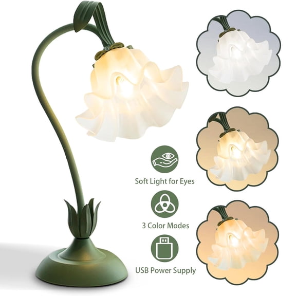 HIBIBUD Vintage Flower Table Lamp, 3 Color Temperature Cute Flower Bedside Lamp with 26E Bulb, Gooseneck Nightstand Lamp for Bedroom Living Room Office Reading Decor, Green, Bedside Lamp