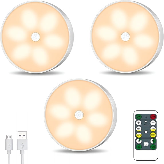 HIBIBUD Warm Color LED Closet Lights Motion Sensor Step Light,USB Rechargeable Battery Operated Puck Lights,Dimmable Under Cabinet Counter Lighting for Wardrobe Kitchen (3 Pack)