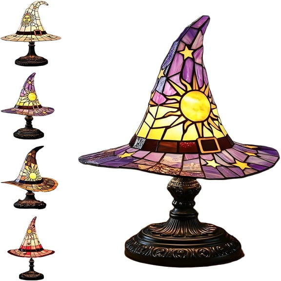 HIBIBUD Witch Hat Lamp Stained GlassHandmade Gothic Lamp for Halloween Decor,Mystical Witch Hat Table Lamp,Unique for Bedroom,Haunted House,Wiccan&Spooky Party Decor.