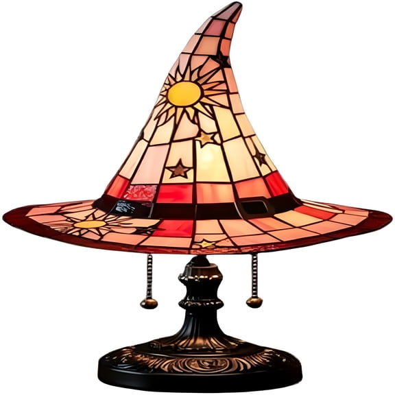 HIBIBUD Witch Hat Lamp Stained Glass Resin,Handmade Gothic Witch Hat Lamp,Small Wizard Hats Shape Spooky Fun Light for Indoor Party Haunted Wiccan Halloween Decor (Red)