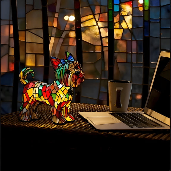 HIBIBUD Yorkshire Terrier Dog Lamp-Colorful Stained Resin Tabletop Night Light,3D Retro Disco-Style Led Pet Decor,Cute Puppy Desk Lamp for Nursery/Bedroom,Gift for Dog Lovers