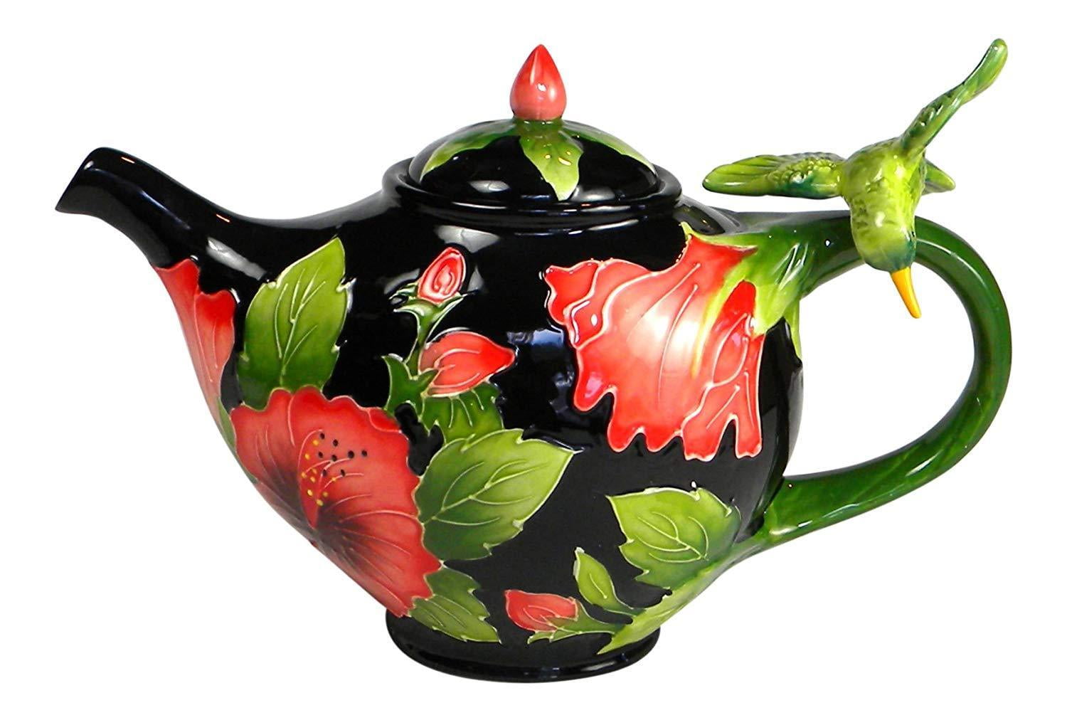 Blue Sky Clayworks Hibiscus And Hummingbird Ceramic Teapot, 42 OFF