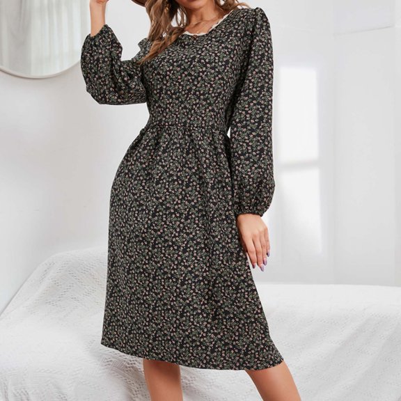 HIBRO Dress For Women Fashion Autumn And Winter Lace Round Neck Floral Dress Long Sleeve Dress