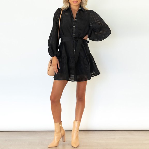 HIBRO Ladies Solid Color V Neck Plaid Buttons Casual Sweet Dress